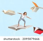 Small photo of Contemporary art collage of little cheerful girl, child surfing on open book isolated over light blue background. Concept of education, childhood, book reading, discovery, artwork, inspiration and ad