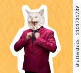 Small photo of Mew. Contemporary artwork, conceptual artcollage. Stylish man in marsala color jacket headed by cat head. Trendy colors, copy space for ad. Fashion, emotions, ad, sales, surrealism concept.