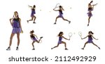 Small photo of Basic movements. Collage, set with portraits od young woman, tennis player playing tennis isolated on white background. Workout, fitness, sport, exercise concept. Female model in motion or movement