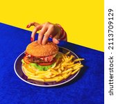 Small photo of Food pop art photography. Female hand and hamburger, french fries on bright blue tablecloth isolated on yellow background. Vintage, retro 80s, 70s style. Fast food. Copy space for ad, text