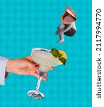 Small photo of Friday funny vibe. Young man jumping in alcohol cocktail glass isolated on blue background. Conceptual, contemporary bright art collage. Surrealism. Concept of fashion, style, vacation, drinks, taste