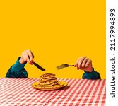Small photo of Breakfast. Food pop art photography. Female hand and sweet pancakes on plaid tablecloth isolated on bright yellow background. Vintage, retro 80s, 70s style. Complementary colors, Copy space for ad