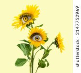 Small photo of Funny bush. Yellow camomile flowers with an eye inside it on light background. Modern design. Contemporary art. Creative collage. Beauty, art, vision. Eyeball in flower. Surrealism, minimalism