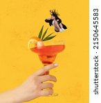 Small photo of Contemporary art collage. Funny looking young woman jumping into delicious cocktail isolated over yellow background. Concept of alcohol, addiction, party, taste. Pop art style. Copy space for ad
