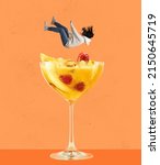 Small photo of Contemporary artwork. Young woman falling into refreshing tasty cocktail with fruity taste isolated on orange background. Concept of alcohol, addiction, party, taste. Pop art style. Copy space for ad