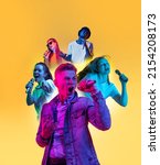 Small photo of At karaoke club. Collage of portraits of young emotional people on multicolored background in neon. Concept of human emotions, facial expression, sales. Singing like popstar. Flyer for ad, poster