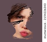 Small photo of Grouch mood. Contemporary and conceptual art collage. Young woman's face over gray background. Poster graphics. Ideas, inspiration, fashion and emotions concept. Copy space for ad