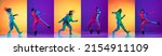 Small photo of Street style dance battle. Bright collage with men dancing breakdance and hip-hop dancers isolated on multicolor background in neon. Youth culture, hip-hop, movement, style and fashion, action.