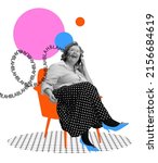 Small photo of Waste time. Contemporary art collage. Happy senior woman sitting on armchair and talking on phone isolated over abstract background. Rumors, gossip and chatter. Vintage fashion concept