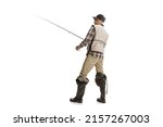 Small photo of Portrait of young man, fisherman with fishing rod, spinning and equipment going to river isolated over white background. Concept of active lifestyle, hobby, sport, leisure activity. Back view