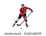 Power throw. Young male hockey player in sports uniform training isolated on white background. Sportsman wearing equipment and helmet skating. Concept of sport, motion, movement, action, ad