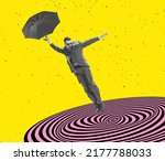 Small photo of Shocked man with umbrella is swallowed up by abyss. Contemporary art collage. New ideas and creative inspiration. Concept of retro vintage style. optical illusion elements. Fantasy, psychedelic and