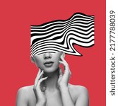 Small photo of Contemporary art collage. Tender girl with hypnotic, optical illusion design instead her eyes isolated over red background. Making influence. Creative mind. Concept of psychology, social life