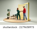 Creative collage with photo and 3d illustration of living room interior and young woman receiving box from delivery man, courier at the door. Online shopping and delivery service.