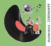 Small photo of Contemporary art collage. Man and woman in vintage outfit dancing at giant vinyl record isolated on green background. Concept of creativity, retro style, party, fun. Copy space for ad