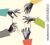 Small photo of Network. Connection. Human hands aesthetic on light background, artwork. Concept of human relation, community, symbolism, surrealism. Contemporary art collage, modern design