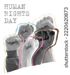 Small photo of Fight for human rights. Modern art collage. Contemporary minimalistic artwork i with hands showing fists isolated over white background. Human rights international day concept