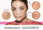Small photo of Female face with different skin types - dry, oily, normal, combination. T-zone. Skin problems. Beautiful brunette woman and facial diseases: acne, wrinkles. Skincare, healthcare, beauty, aging process