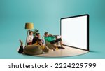 Small photo of Astonished young people, emotional friends watching football match, sport show. Youth sitting on sofa in front of huge 3D model of tv screen. Concept of sport, leisure activities, betting, ad