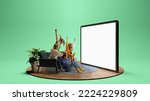 Group of young friends watching football match, sport show or movie together. Excited girls and boys sitting in front of huge 3D model of empty tv screen at home interior. Emotions, sport, sales