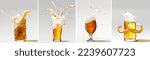 Small photo of Collage. Glasses and mugs with chill , foamy lager beer over grey background. Brewery, taste. Concept of alcohol, oktoberfest, drinks, holidays and festivals. Copy space for ad.