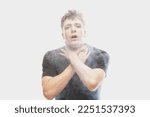 Small photo of Suffocate in the smoke. Scared young man with stressed emotions isolated over white background with clouds of smoke. Concept of mental health, art, human emotions, challenges, ad
