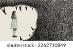 Small photo of Contemporary artwork. Little girl, child feeling scared, hiding from giant monster. Inner fantasy, fears. Childhood and fairy tales. Psychology, inner world, mental health, feelings. Conceptual art