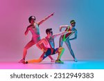 Small photo of Funny image of three men in stylish, vintage sportswear training aerobics and gymnastics against gradient blue pink studio background. Concept of sportive and active lifestyle, humor, retro style. Ad