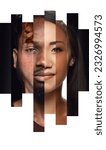 Small photo of Human face made from different portrait of men and women of diverse age, gender and race. Combination of faces. Concept of social equality, human rights, freedom, diversity, acceptance