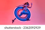 Small photo of Young girl, athlete, runner in motion, training over pink studio background in neon light with abstract element. Contemporary art collage. Concept of sport, creativity, action and motion, health.