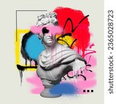 Small photo of Antique statue bust painted in colorful paints, graffiti over light background. Street style. Contemporary art collage. Concept of postmodern, creativity, imagination, pop art. Creative design