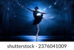 Small photo of Graceful, beautiful talented young woman, professional ballet dancer in motion, performing on theater stage with spotlights. Concept of classical dance, art and grace, beauty, choreography