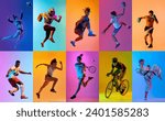 Small photo of Collage with different young people, men and women, athletes of different sports in motion over multicolored background in neon light. Concept of professional sport, competition, championship, action