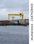 Small photo of Belfast, Northern Ireland - June 8 2022: Belfast cityscape with a view of a famous HW yellow crane