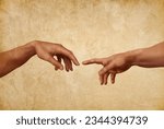 Two hands together. Hand of God painting. Iconic old painting filled with lots of art. Art on old background.
