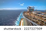 Small photo of In the Mediterranean Sea - July 16, 2021 : View from the pool deck of the cruise ship the MSC Seaside of the company MSC Cruises, sailing in the Strait of Messina, Italy.