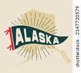 Vintage pennant Alaska, USA. Retro colors labels. Vintage hand drawn wanderlust style. Isolated on white background. Good for t shirt, mug, other identity. 