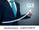 Small photo of Businessman in suit drawing business growth data chart with diagram, report on company investment progress quarterly report, Q3 third quarter