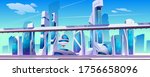 Future city street with futuristic glass buildings of unusual shapes, ground subway on blue sky background. Modern architecture towers and skyscrapers. Cartoon vector alien urban cityscape design