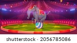 Circus elephant stand on ball at big top tent arena with garlands. Carnival entertainment with wild animal acrobat performing on stage, funfair amusement park magic show, Cartoon vector illustration