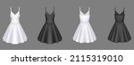 Women white and black cocktail dresses in front and back view. Vector realistic 3d mockup of blank girls evening gown with short skirts isolated on transparent background