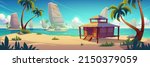 Beach hut or bungalow on tropical beach. Island resort with shack, wooden house on piles, palm trees and rocks. Cartoon ocean landscape, 2d background, cottage with thatch roof Vector illustration