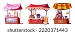 Set of street food market stalls isolated on white background. Cartoon vector illustration of shops selling ice cream, cooking noodles and hot dogs outdoors. Colorful festival stands. Small business