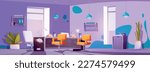 Cartoon manicure salon interior design with furniture. Vector illustration of beauty parlor room with tables, chairs, windows, nail polish and hand cream bottles on shelves. Fingernail care equipment