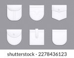 Realistic set of white pocket templates isolated on transparent background. Vector illustration of cloth or leather patches with buttons and stitches. Design elements for clothes, bags, jeans fashion