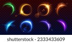 Realistic set of solar eclipse overlay effect on transparent background. Vector illustration of neon blue, yellow, green, purple blazing star edge behind planet in dark sky. Space design elements