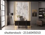 Small photo of stylish luxury home office interior in an ultramodern brutal apartment in dark colors and cool led lighting