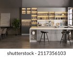 Small photo of stylish luxury kitchen interior in an ultra-modern spacious apartment in dark colors with super cool led lighting and an island for cooking and a dining table area