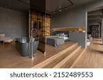 Small photo of bedroom and freestanding bath behind a glass partition in a chic expensive interior of a luxury home with a dark modern design with wood trim and led light