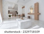 Small photo of light luxury interior design of a modern apartment in a minimalist style with marble trim and huge windows. daylight inside the kitchen and living room